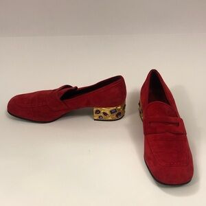 Prada 40 Loafer Pump Red Suede Shoe Gold Embellished Jewelled Heel Leather Lined